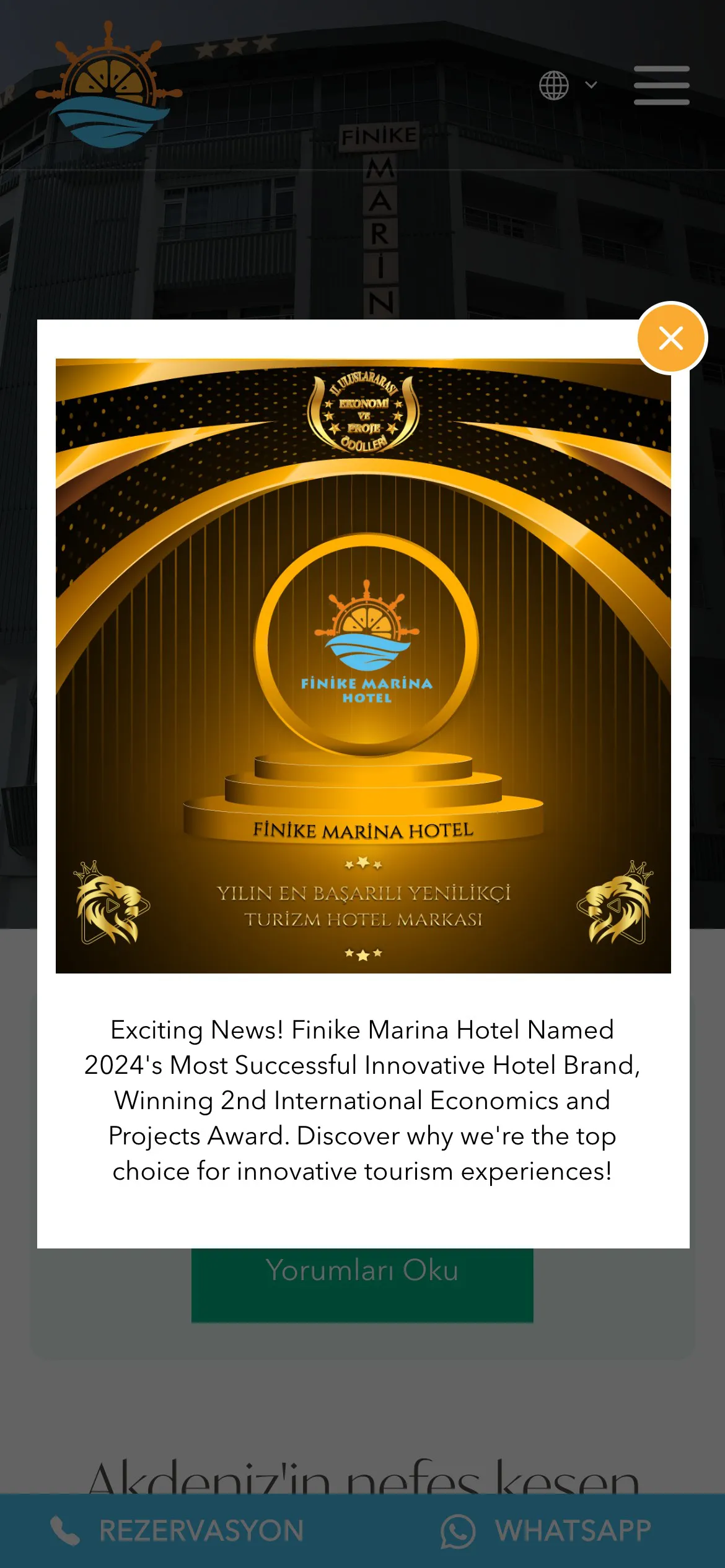 Finike Marina Hotel mobil uygulama ekranı