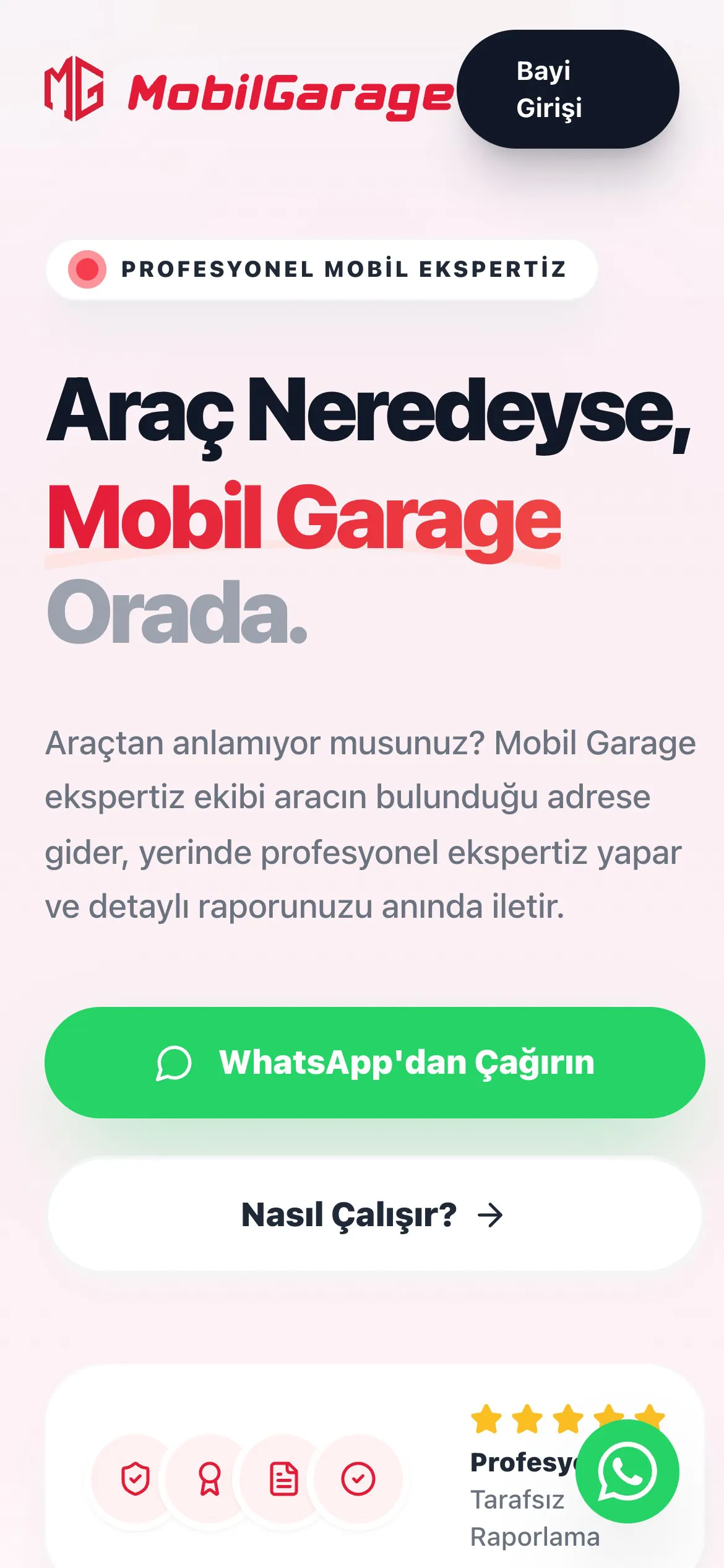 Mobil Garage mobil uygulama ekranı