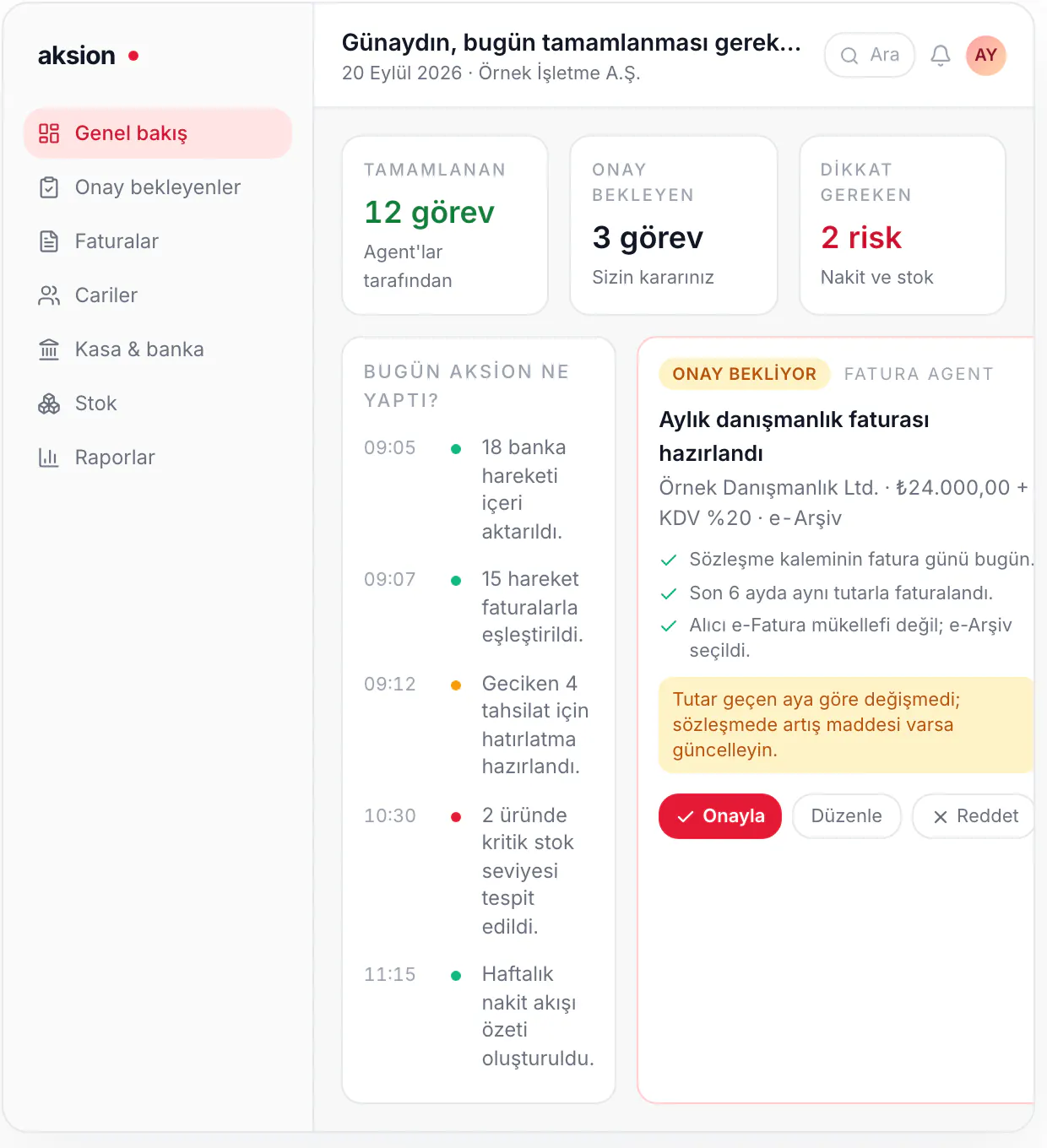 An invoice agent card awaiting approval in the Aksion panel