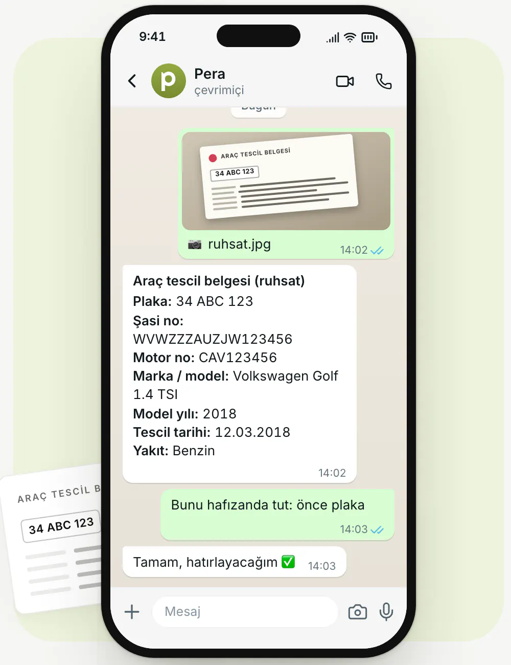 Fields read from a vehicle registration in a Pera WhatsApp chat