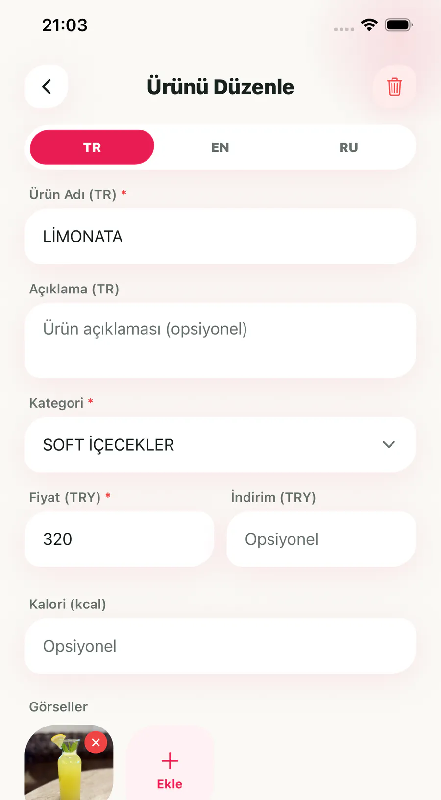 The product editing screen in the Menu1 app, with Turkish, English and Russian tabs