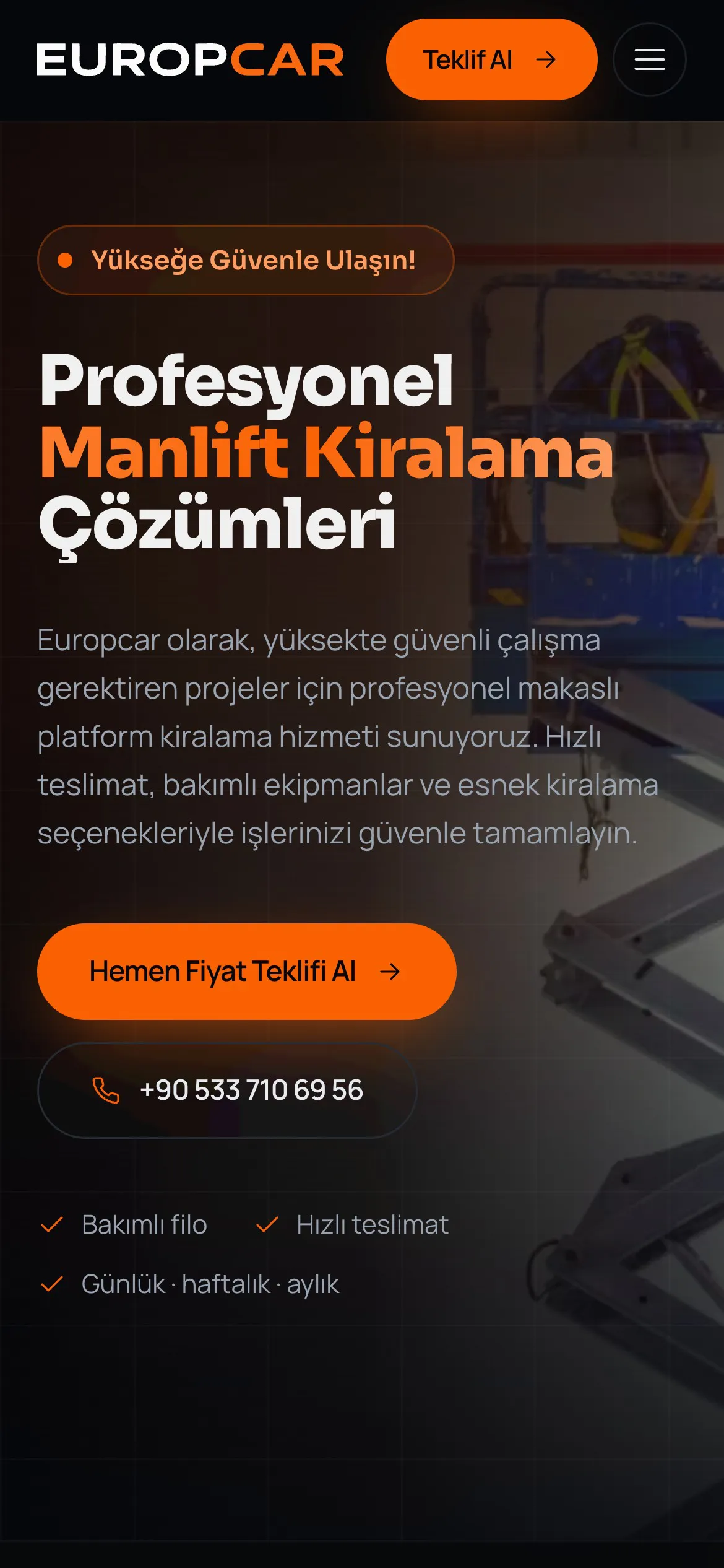 Europcar Manlift mobil uygulama ekranı