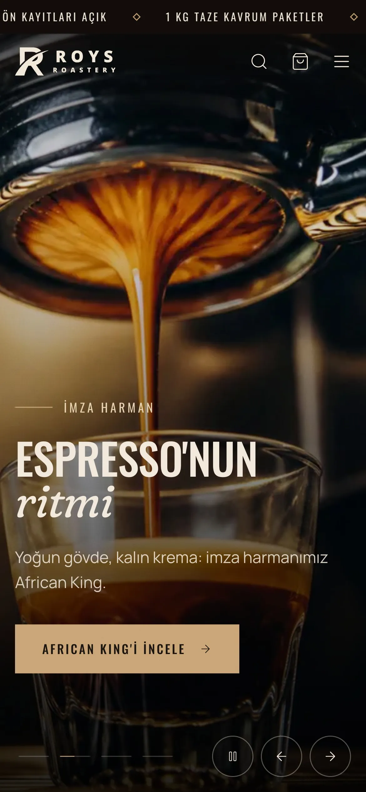 Roys Roastery mobil uygulama ekranı